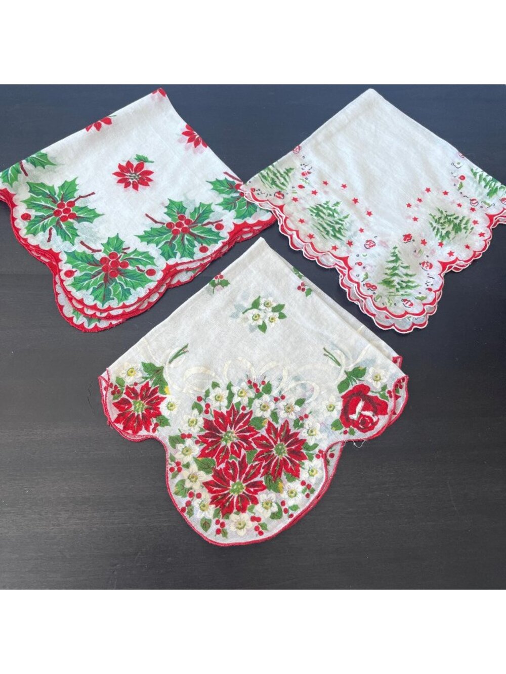 Vintage Christmas Hankies Lot of 3 Scalloped Hems Poinsettias Trees
